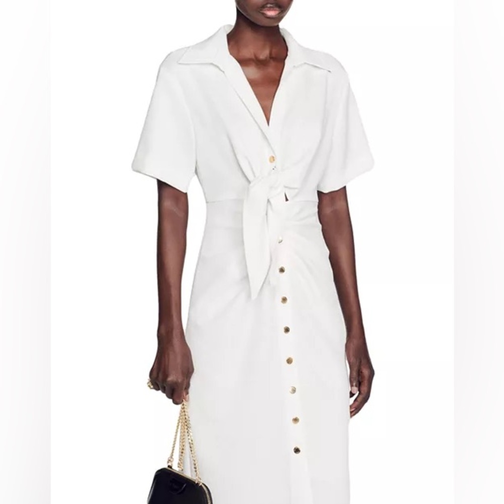 Sandro Ivory Midi Dress with Metallic Accents size 42 - Picture 4 of 10
